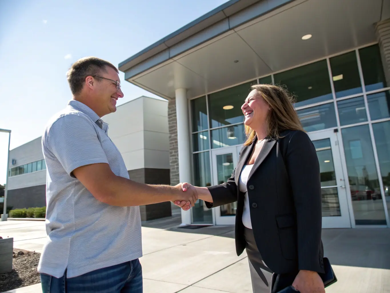 A satisfied client shaking hands with the project manager in front of a newly completed residential construction project, symbolizing the client satisfaction and strong relationships built by Classic Concept Creations LLC.