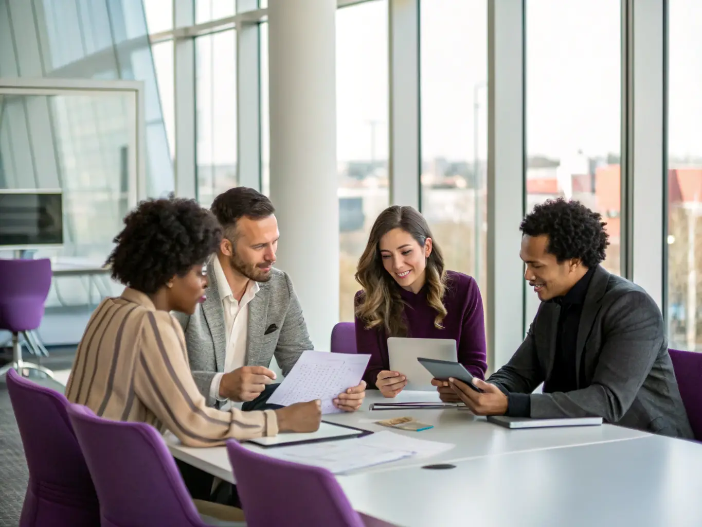 A diverse team of construction professionals collaborating on a project blueprint in a well-lit office, emphasizing teamwork and expertise.