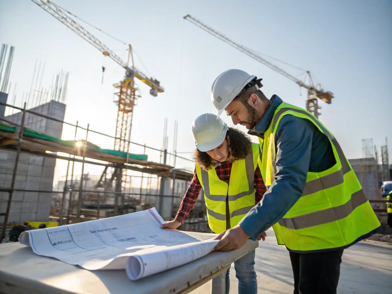 An architect reviewing blueprints with a construction manager on a commercial construction site, emphasizing the innovative solutions and collaborative approach of Classic Concept Creations LLC.
