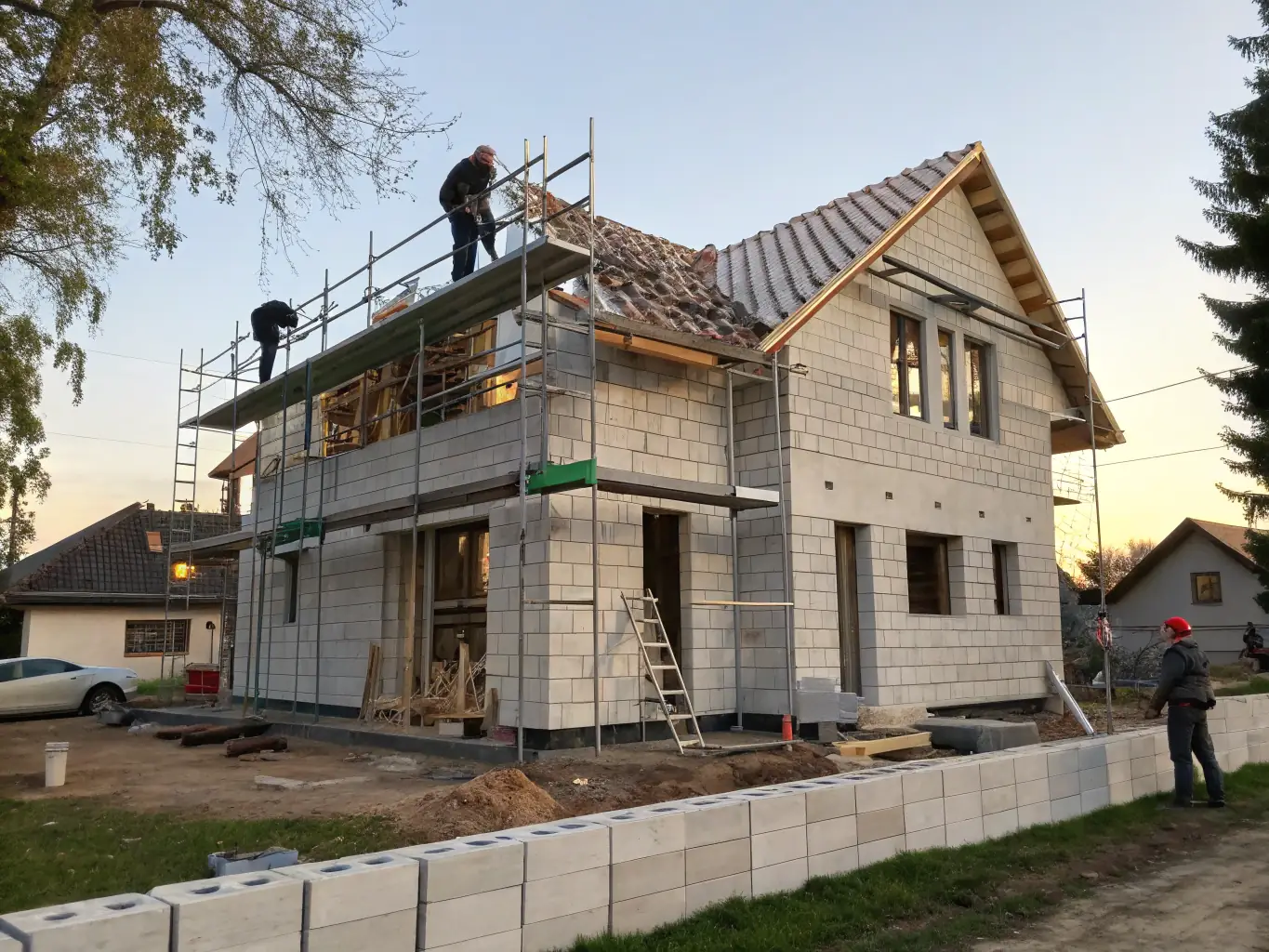 A modern, beautifully designed custom home under construction, showcasing craftsmanship and attention to detail. The focus is on the exterior framing, highlighting the architectural design and structural integrity.