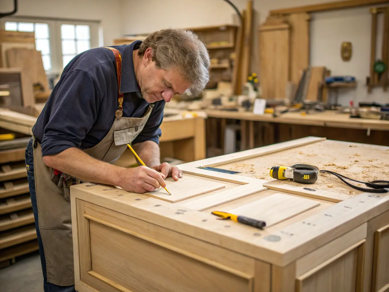 A close-up shot of a craftsman meticulously installing custom cabinetry in a luxury home, showcasing the attention to detail and high-quality craftsmanship that Classic Concept Creations LLC provides.