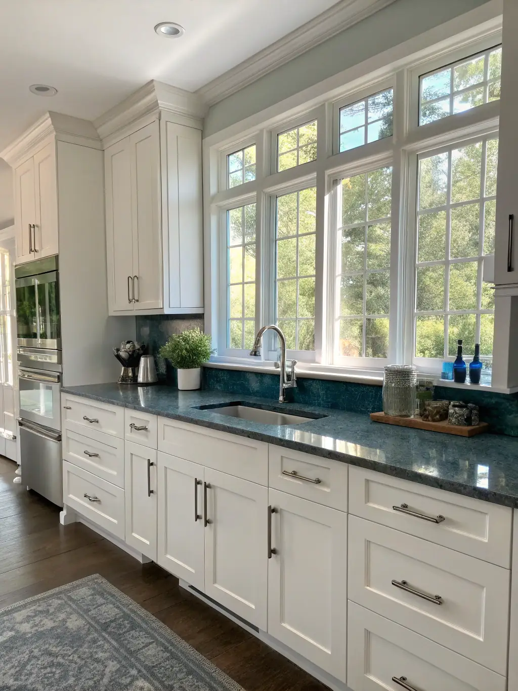 A bright and airy photograph of a renovated kitchen in a residential home, featuring new cabinetry, countertops, and stainless steel appliances, highlighting the modern design and functionality.