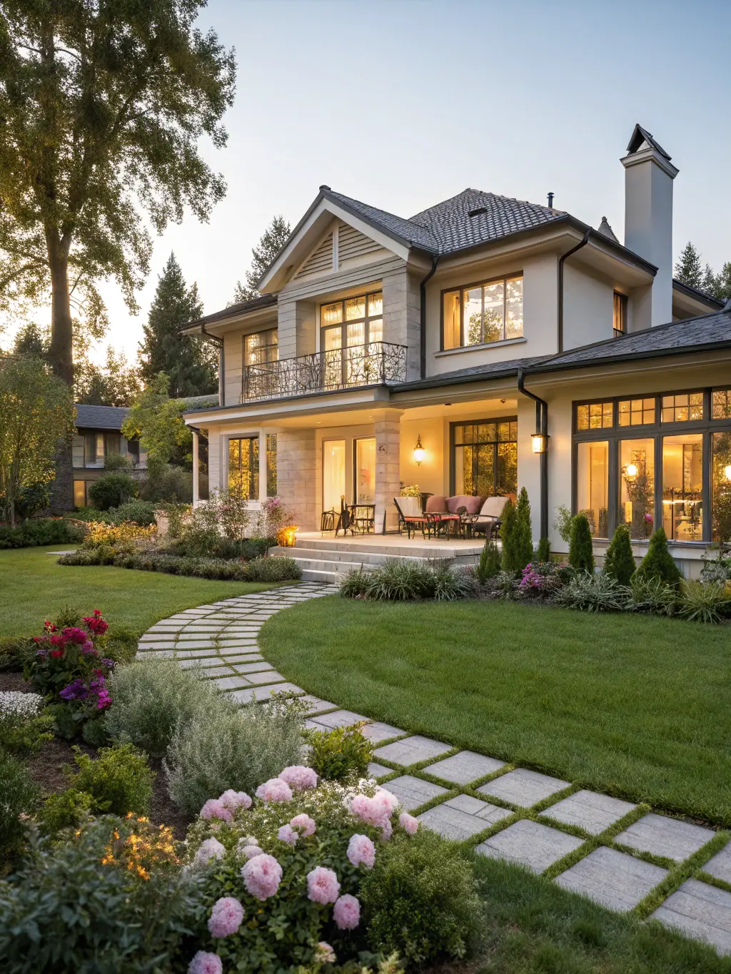 A high-resolution photograph showcasing the exterior of a newly constructed modern custom home with a well-manicured lawn and professional landscaping, emphasizing the architectural design and curb appeal.