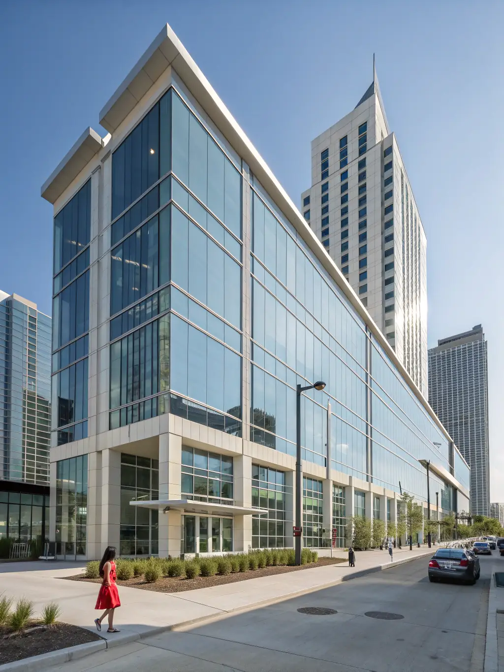 A photograph of the completed exterior of the Downtown Office Renovation project, showcasing the modern workspace design and enhanced aesthetic appeal.