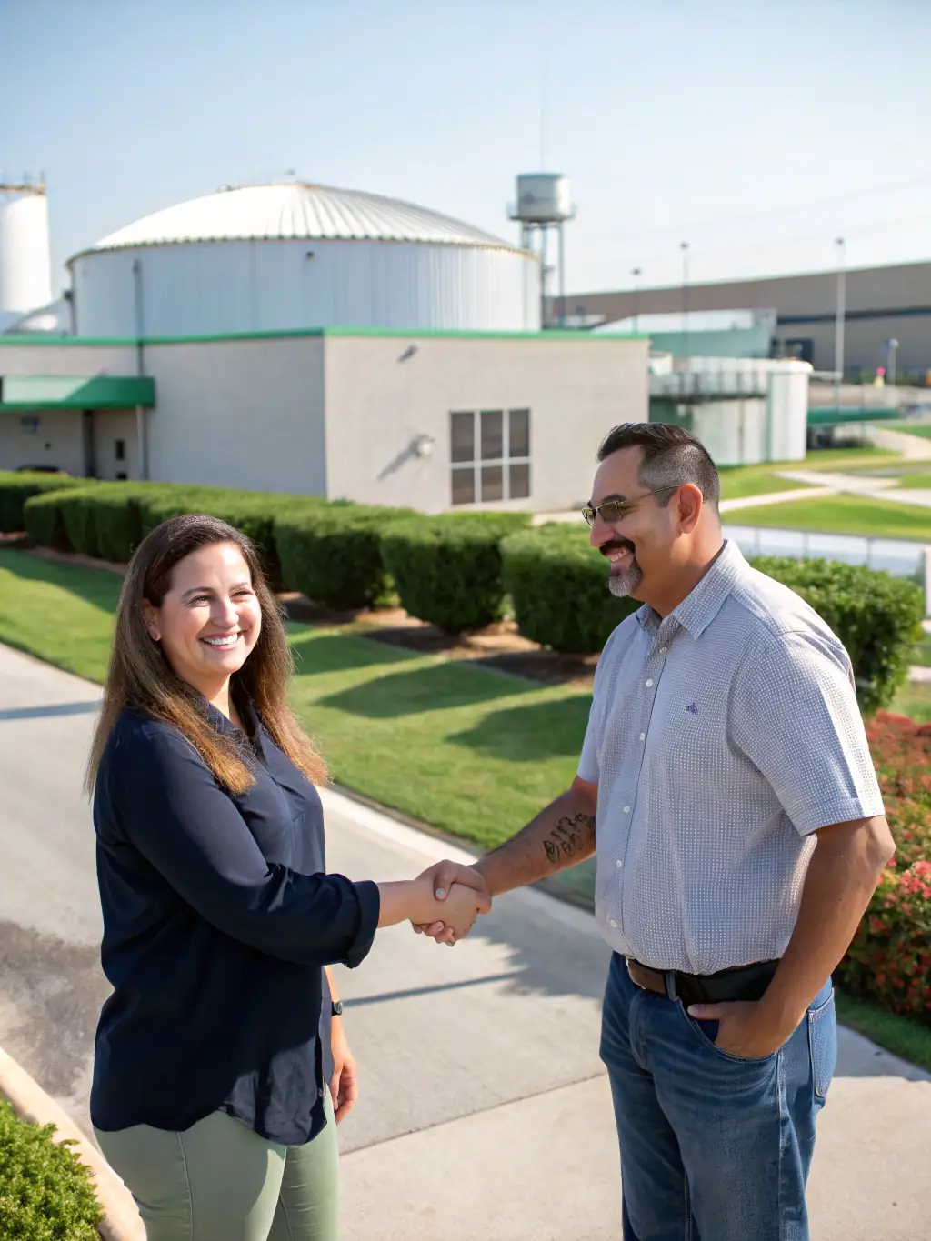 A photograph of a satisfied client shaking hands with a Classic Concept Creations project manager at a commercial site.
