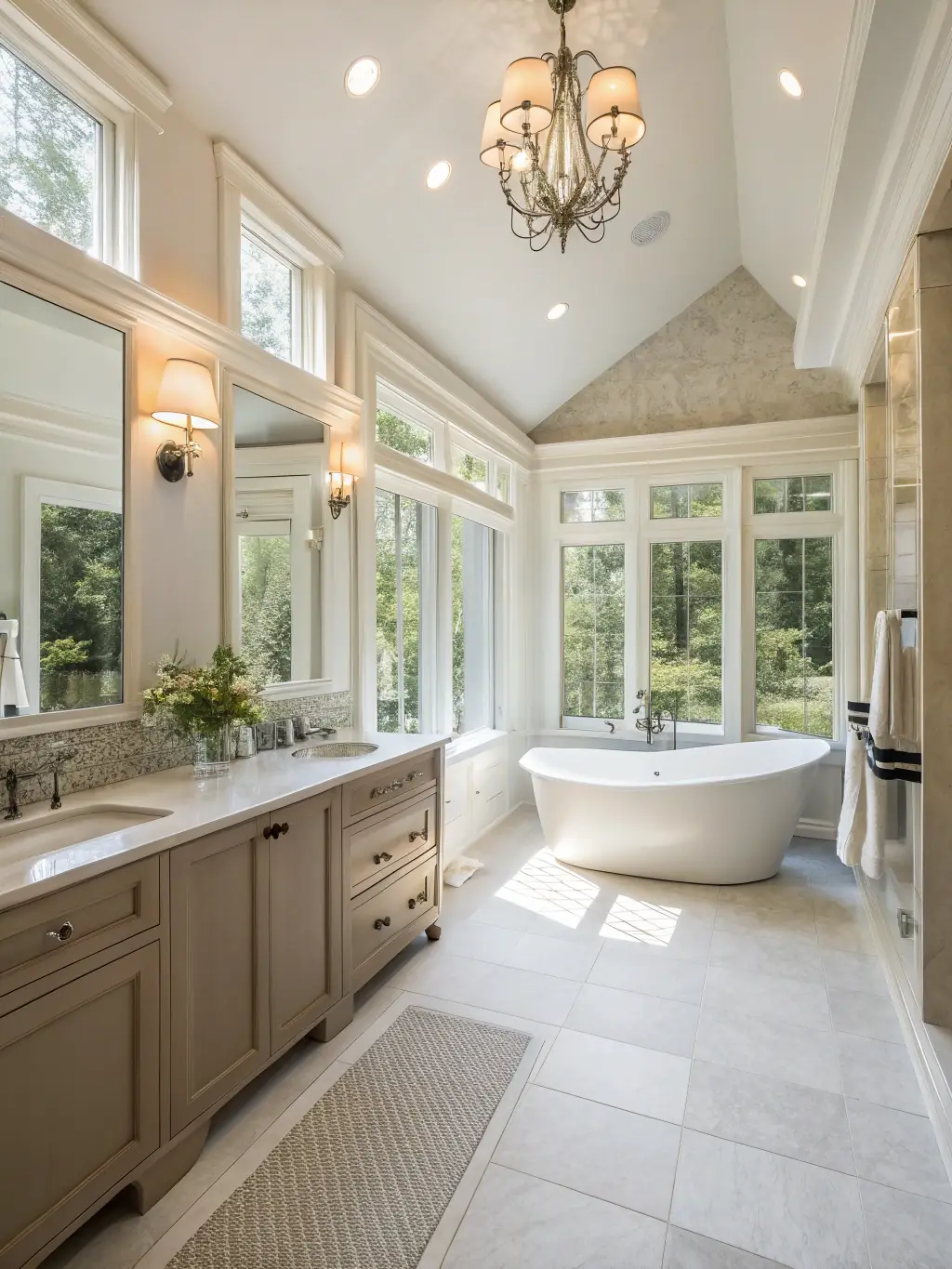 A cozy and inviting photograph of a remodeled bathroom in a residential home, featuring a new bathtub, shower, vanity, and tile work, showcasing the luxurious and relaxing atmosphere.